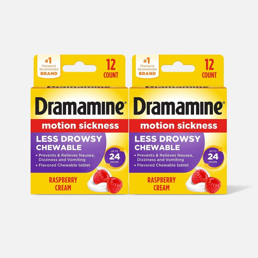Dramamine Motion Sickness Relief All Day Chewable Tablets, Raspberry Cream, 12 ct. (2-Pack), , large image number 0