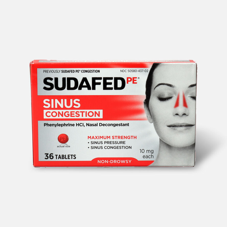 Sudafed PE Sinus Congestion Maximum Strength NonDrowsy Decongestant Tablets, 36 ct