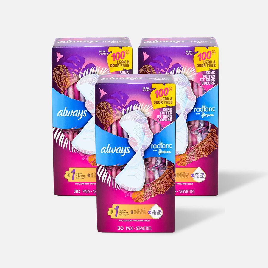 Always Radiant FlexFoam Pads for Women Size 1, Regular Absorbency, with Wings, Scented, 30 ct. (3-Pack), , large image number 0