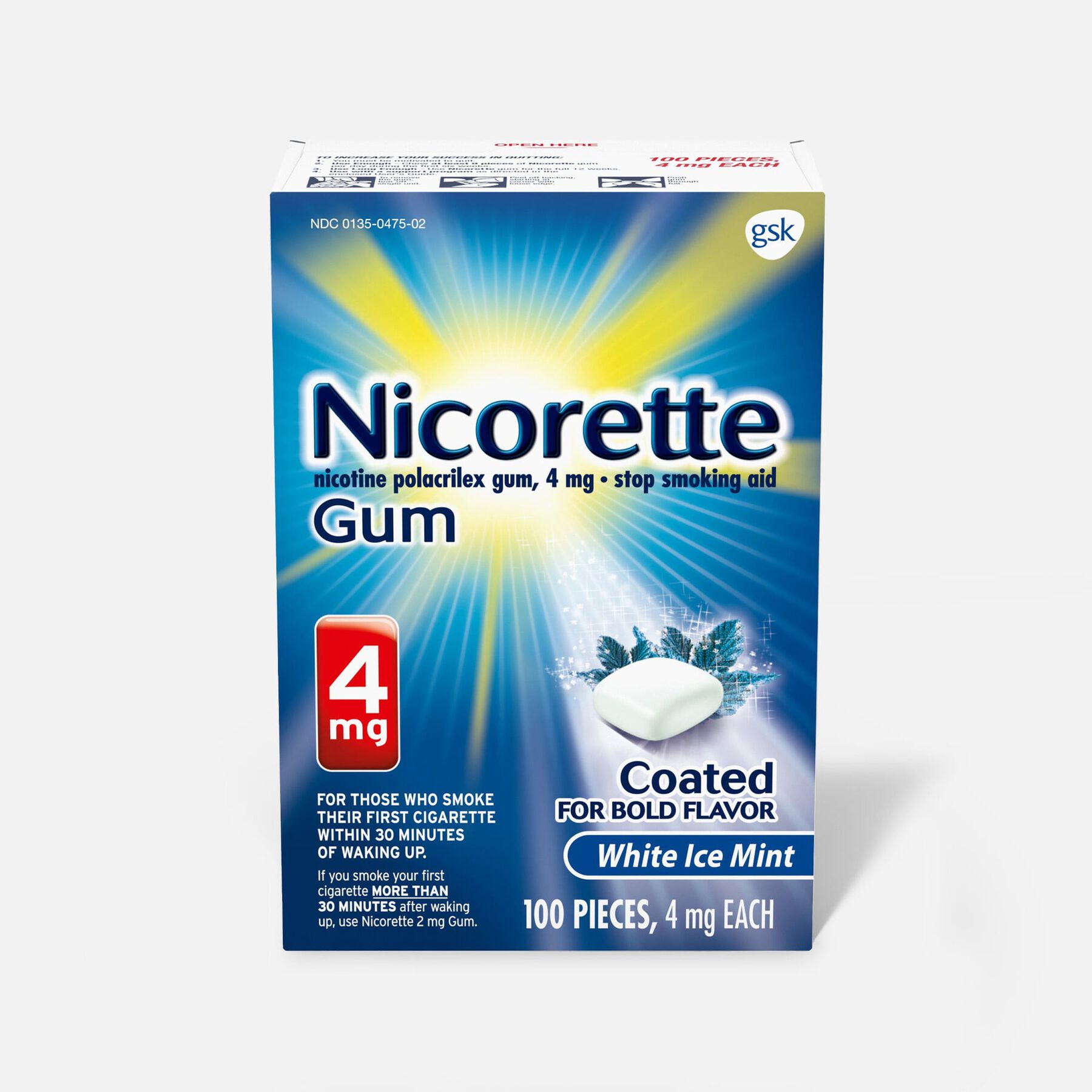 HSA Eligible Nicorette Nicotine Gum, White Ice Mint, 4 mg, 100 ct.
