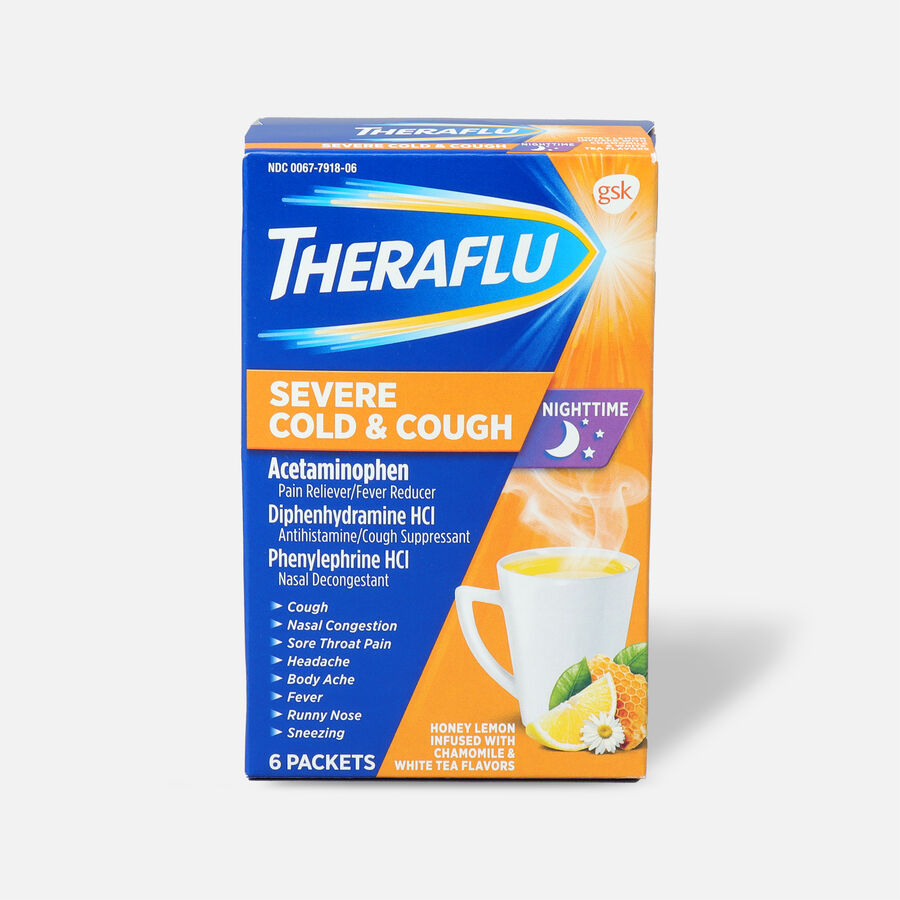 Theraflu Night Time Severe Cold & Cough Powder, Honey Lemon Infused with White Tea and Chamomile, 6 ct., , large image number 0