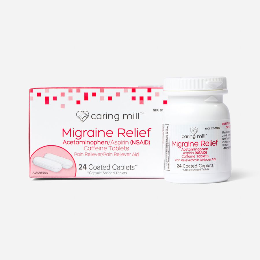 Caring Mill™ Migraine Relief Acetaminophen/Aspirin (NSAID) Caffeine Tablets, 24 Coated Caplets, , large image number 2