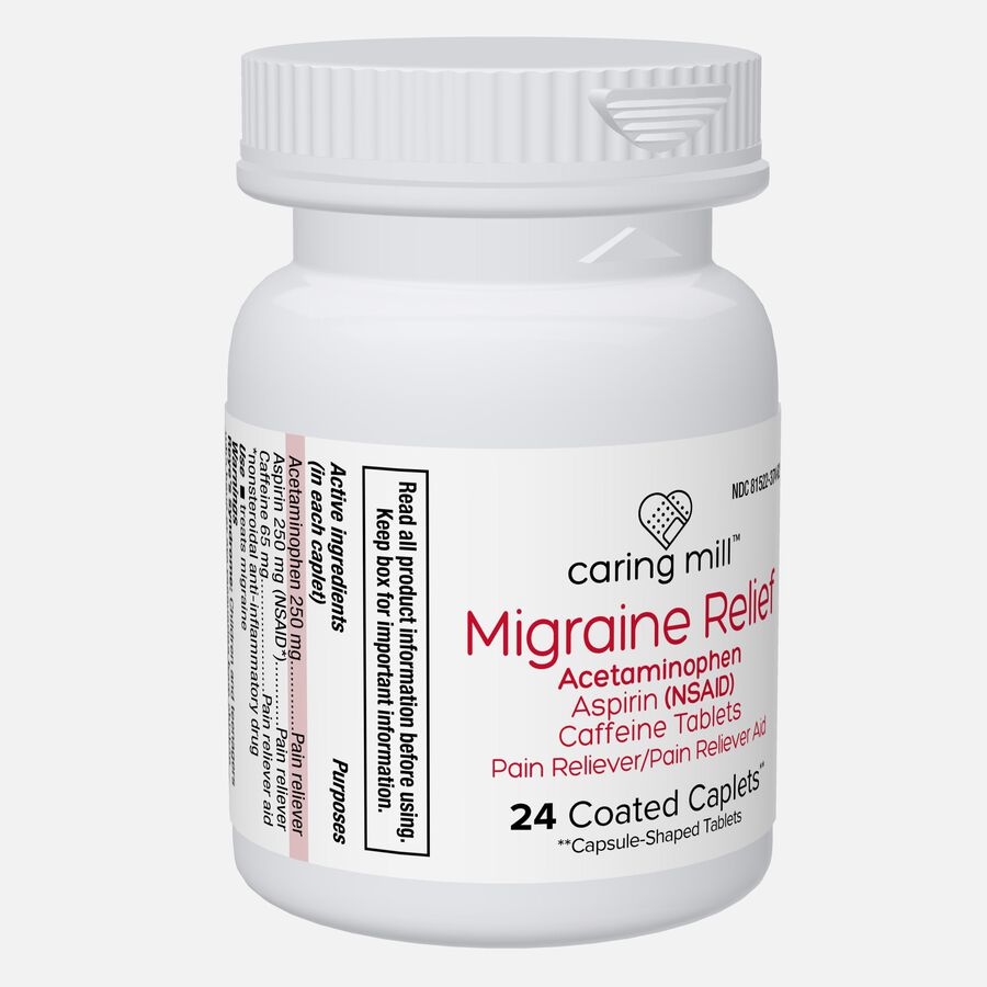 Caring Mill™ Migraine Relief Acetaminophen/Aspirin (NSAID) Caffeine Tablets, 24 Coated Caplets, , large image number 4