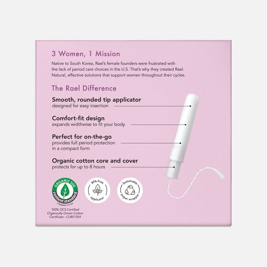 Rael Organic Cotton Core Tampons with Plant Based Compact Applicators - Regular, 18 ct., , large image number 1