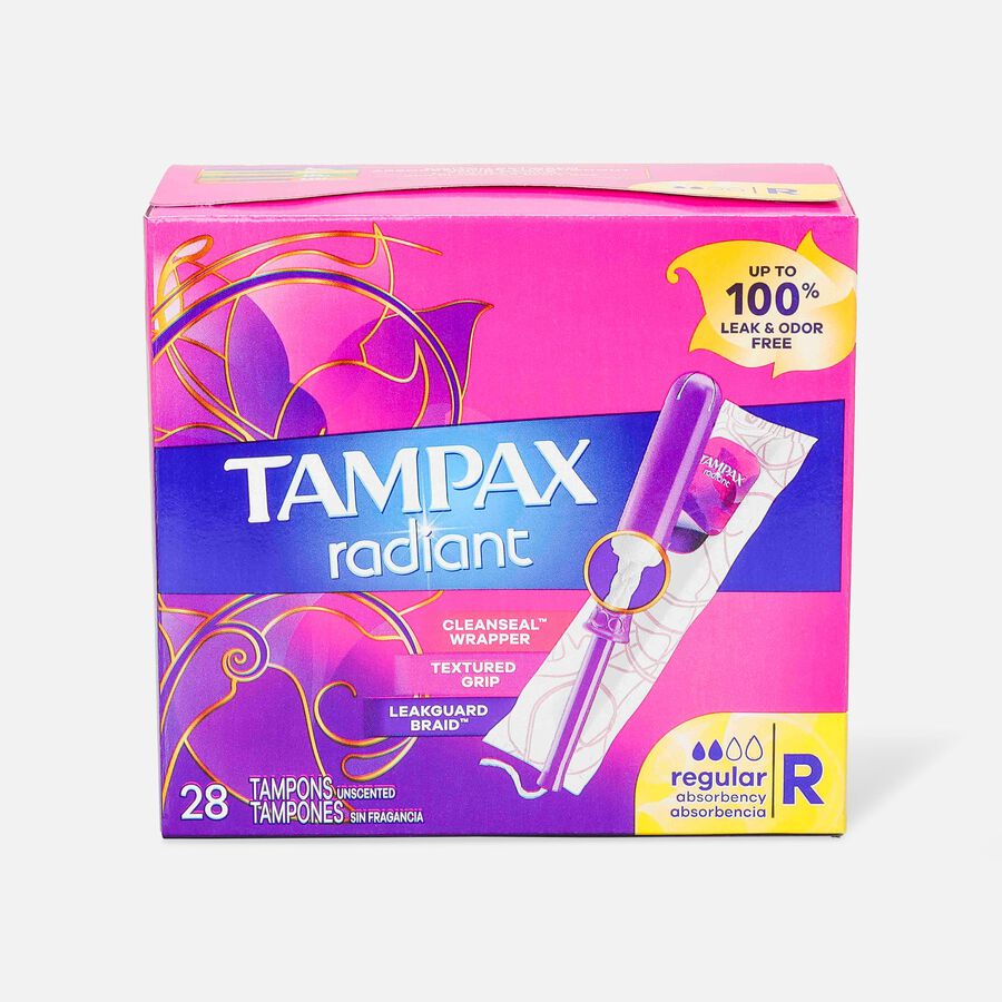 Tampax Radiant Tampons with BPA-Free Plastic Applicator and LeakGuard Braid, Unscented, 28 ct., , large image number 0