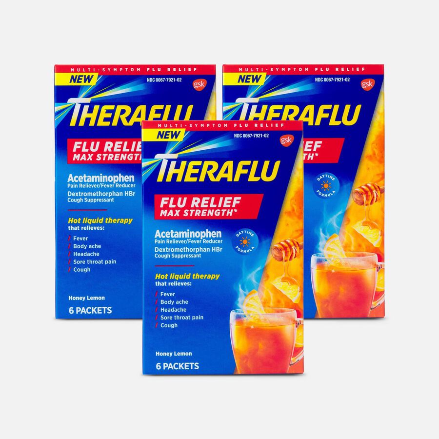 Theraflu Daytime Max Strength Flu Relief Honey Lemon Flavor Hot Liquid Powder, 6 ct. (3-Pack), , large image number 0