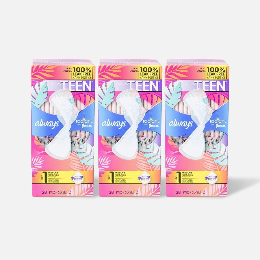 Always Radiant FlexFoam Teen Pads Regular Absorbency, with Wings, Unscented, 28 ct. (3-Pack), , large image number 0