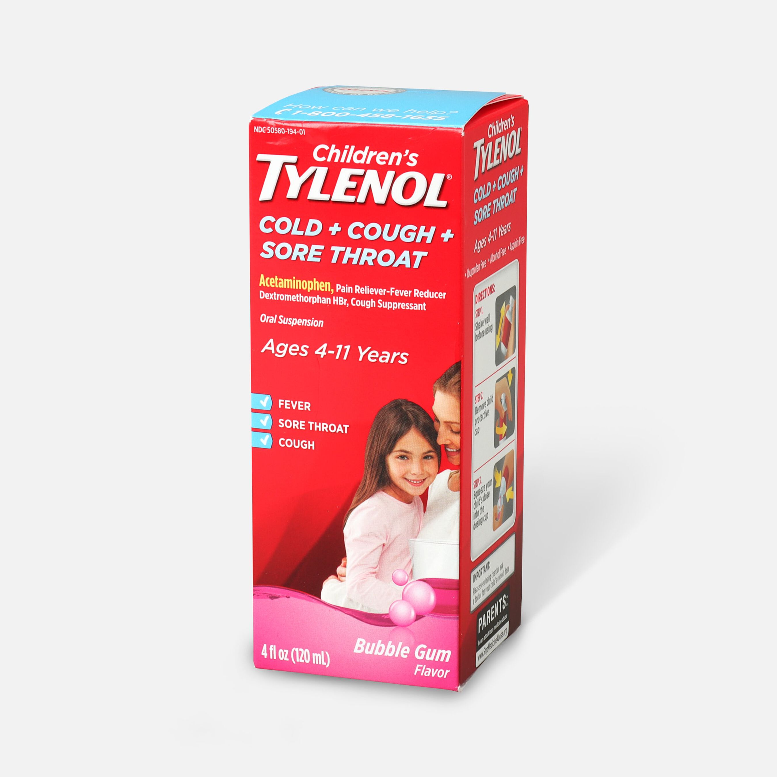 Children's Tylenol Cold + Cough + Sore Throat, Bubblegum Flavor, 4 fl oz