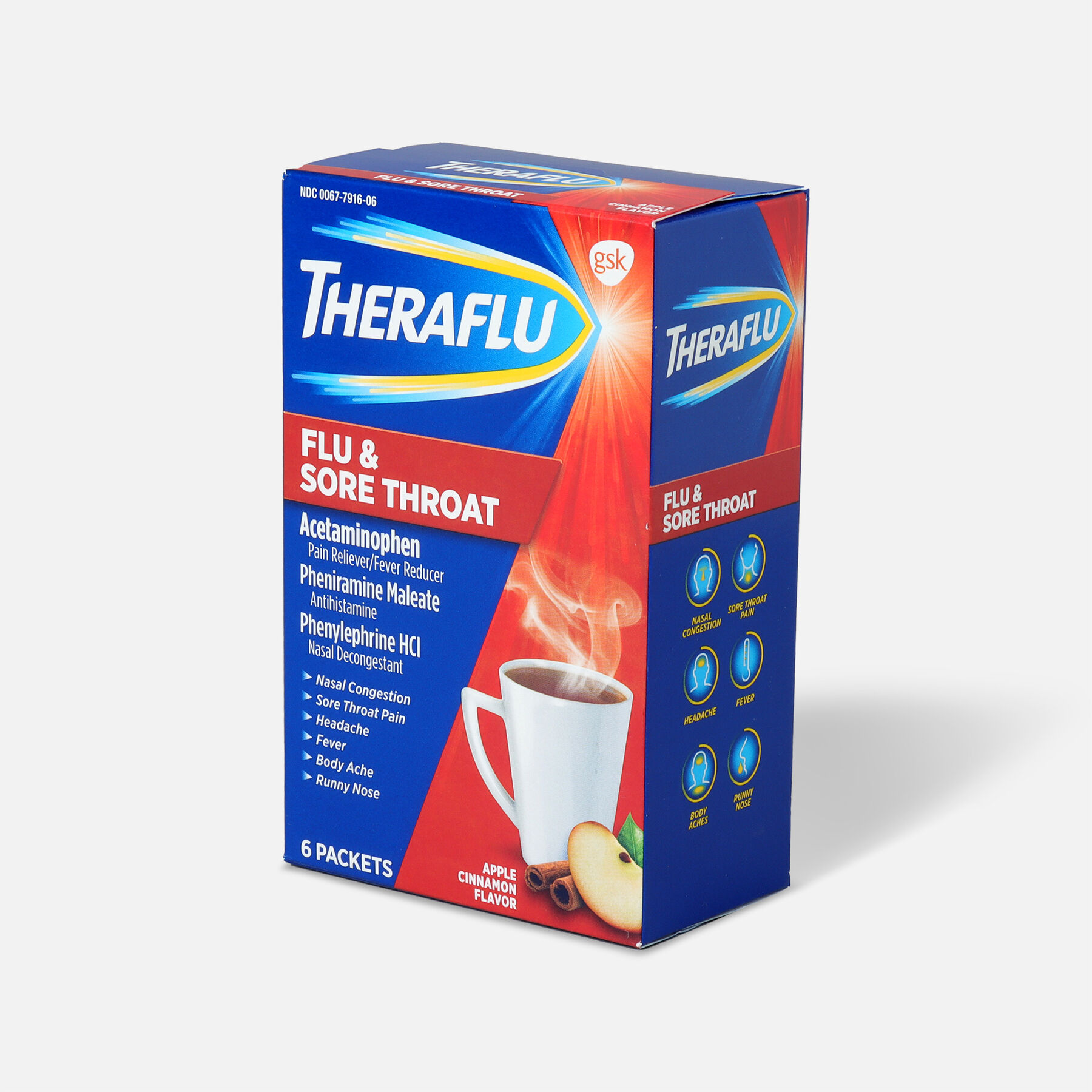 Theraflu Flu & Sore Throat Powder, Apple Cinnamon, 6 ct