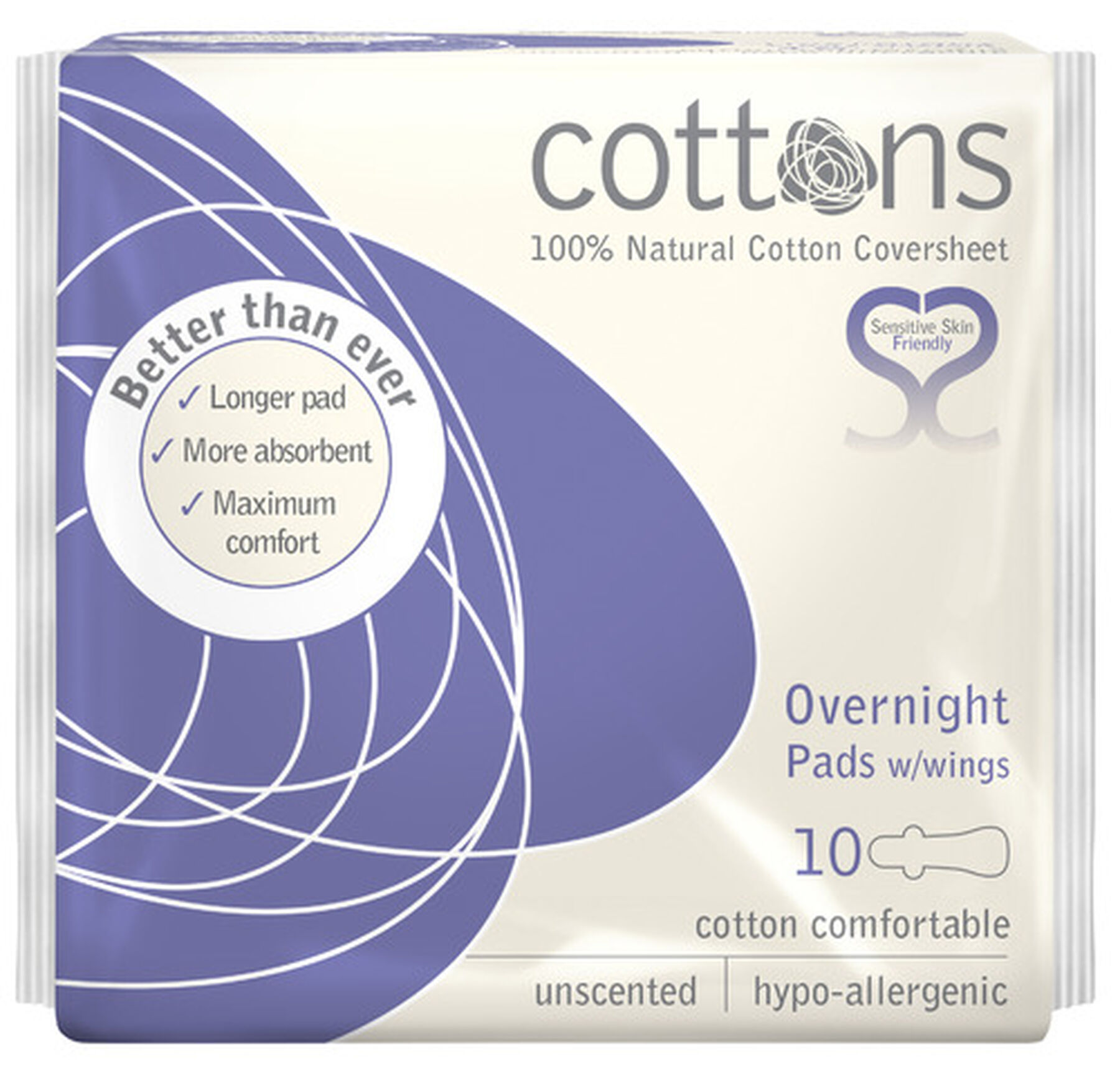 Cottons UltraThin Pads with Wings, Overnight, 10ct