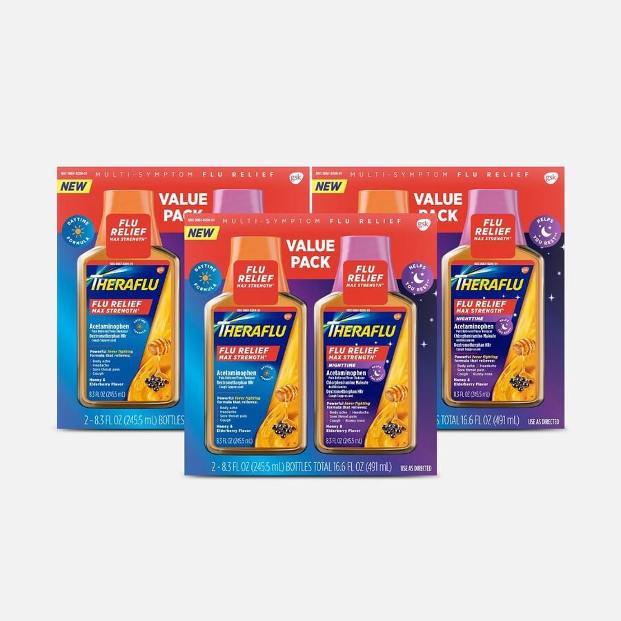 Theraflu Multi-Symptom Flu Relief Max Strength Day & Night Liquid, Honey Elderberry, 16.6 fl oz. (3-Pack), , large image number 0