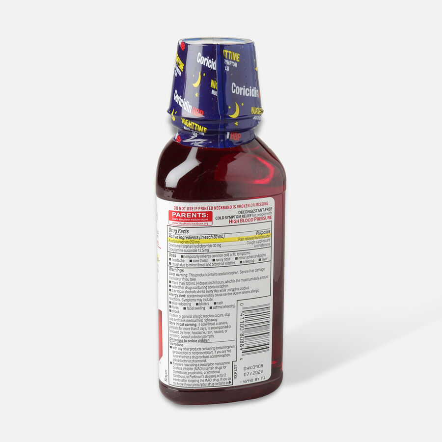 Coricidin HBP Nighttime Multi-Symptom Cold Syrup, Cherry, 12 oz., , large image number 1