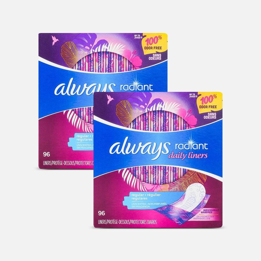 Always Radiant Daily Liners Regular Absorbency Unscented, 96 ct. (2-Pack), , large image number 0