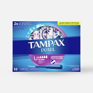 Tampax Pearl Tampons Ultra Absorbency with BPA-Free Plastic Applicator and LeakGuard Braid, Unscented, 32 ct.