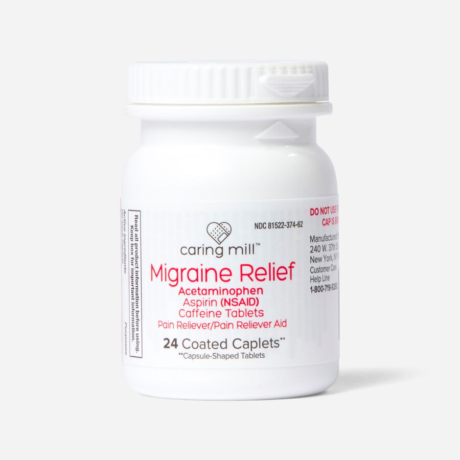 Caring Mill™ Migraine Relief Acetaminophen/Aspirin (NSAID) Caffeine Tablets, 24 Coated Caplets, , large image number 1