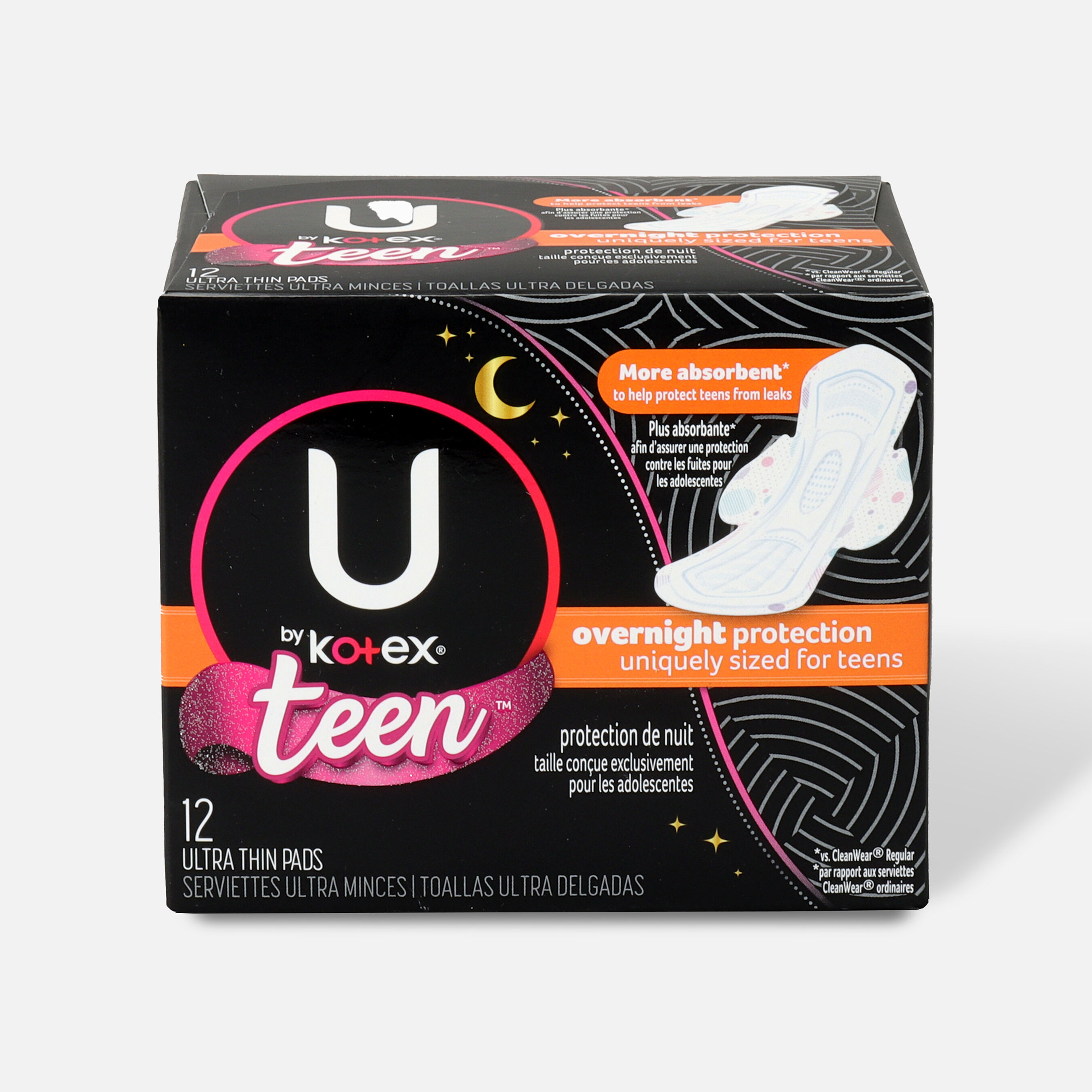U by Kotex Super Premium Ultra Thin Overnight with Wings Teen Pad, 12ct