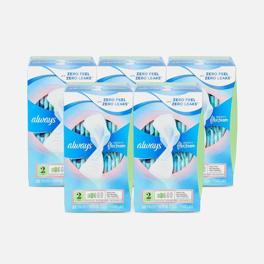 Always Infinity FlexFoam Pads for Women Size 2 Heavy Flow Absorbency, with Wings Unscented, 32 ct. (5-Pack), , large image number 0
