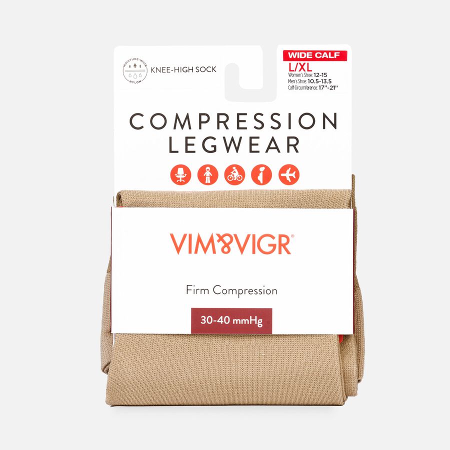 VIM & VIGR Solid Moisture-Wick Nylon Compression Socks, Cashew, Wide Calf L/XL, 30-40 mmHg, , large image number 1