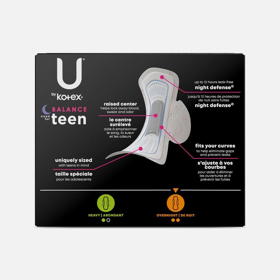U by Kotex Balance Sized for Teens Ultra Thin Overnight Pads with Wings, 12 ct., , large image number 1