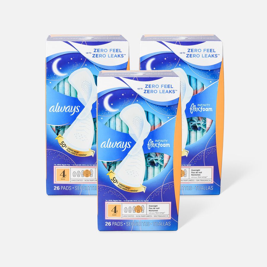 Always Infinity FlexFoam Pads for Women Size 4 Overnight Absorbency, with Wings Unscented, 26 ct. (3-Pack), , large image number 0