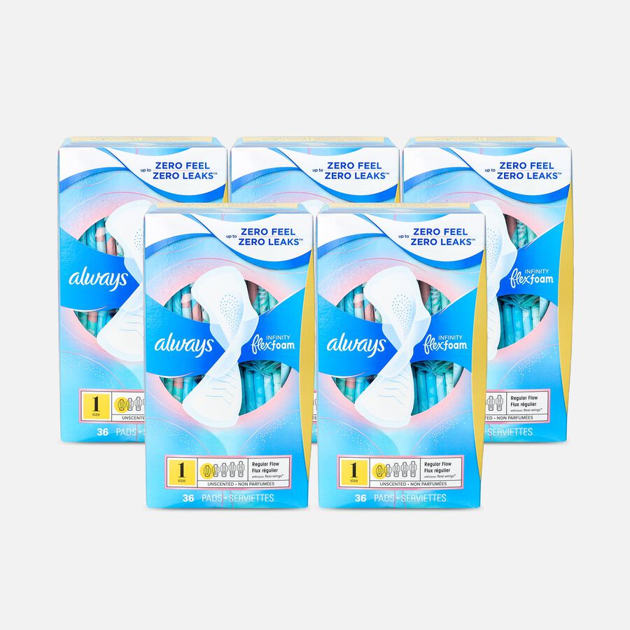 Always Infinity FlexFoam Pads for Women Size 1 Regular Absorbency, with Wings Unscented, 36 ct. (5-Pack), , large image number 0