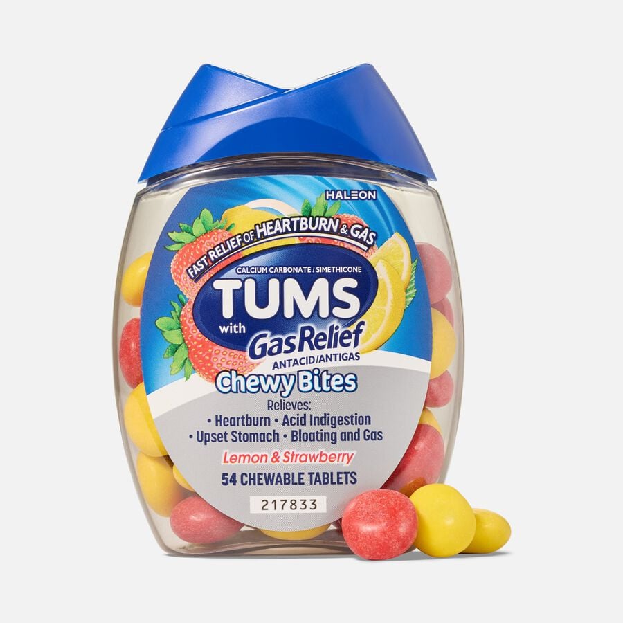 TUMS Chewy Bites Chewable Antacid Tablets with Gas Relief, Lemon & Strawberry, 54 ct., , large image number 0