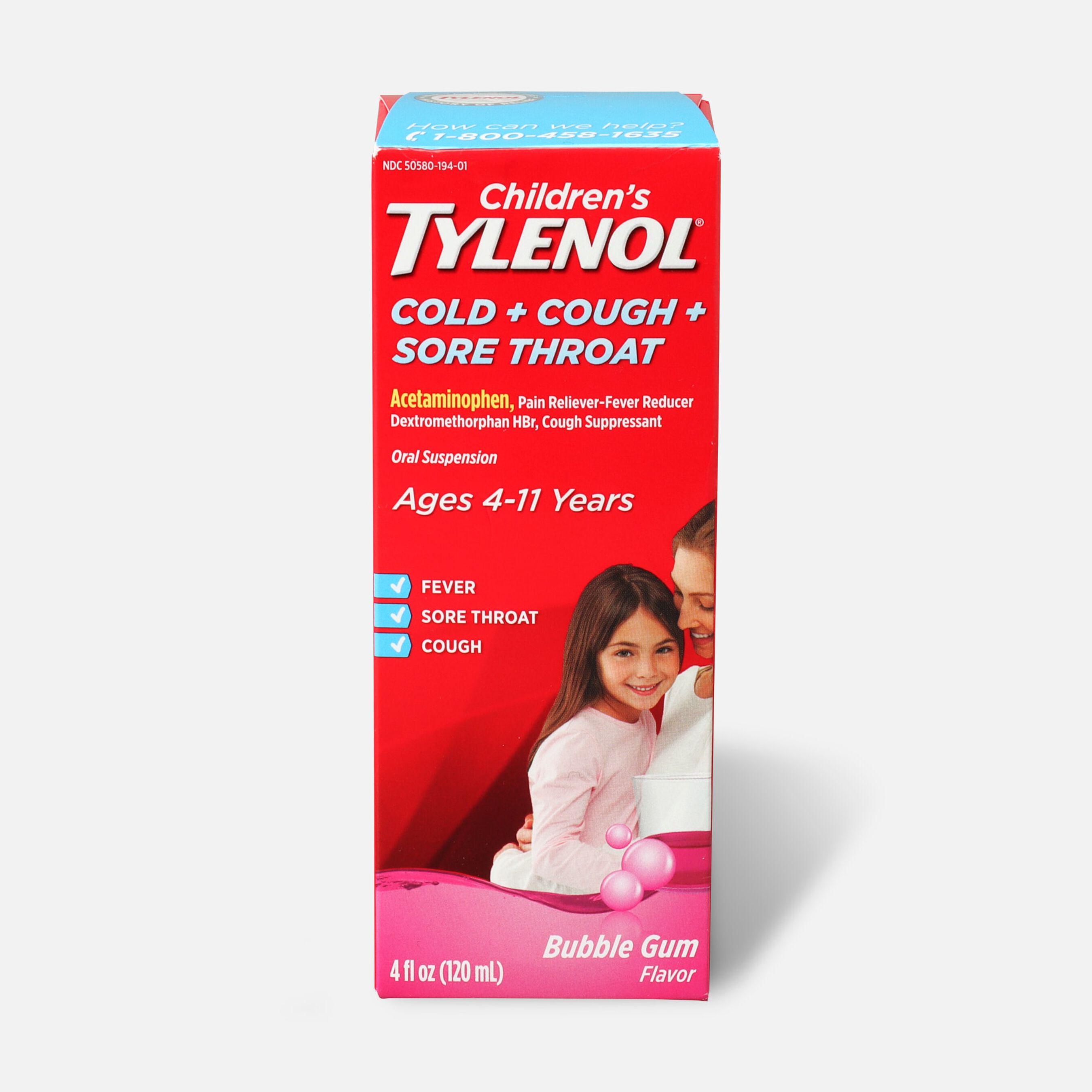 Children's Tylenol Cold + Cough + Sore Throat, Bubblegum Flavor, 4 fl oz