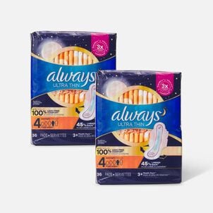 HSA Eligible  Always Ultra Thin Pads Overnight Absorbency Unscented with  Wings, Size 4, 36 ct. (2-Pack)
