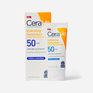 CeraVe Hydrating Mineral Face Sunscreen, SPF 50, 2.5 fl oz.