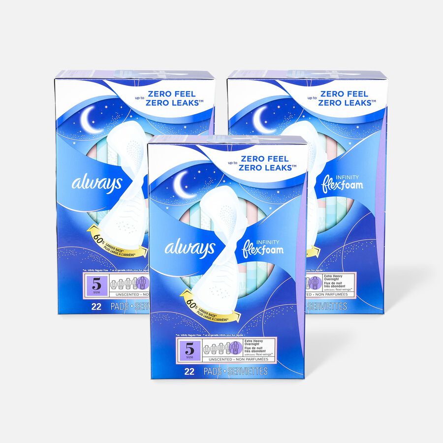 Always Infinity FlexFoam Pads for Women Size 5 Extra Heavy Overnight Absorbency, with Wings Unscented, 22 ct. (3-Pack), , large image number 0
