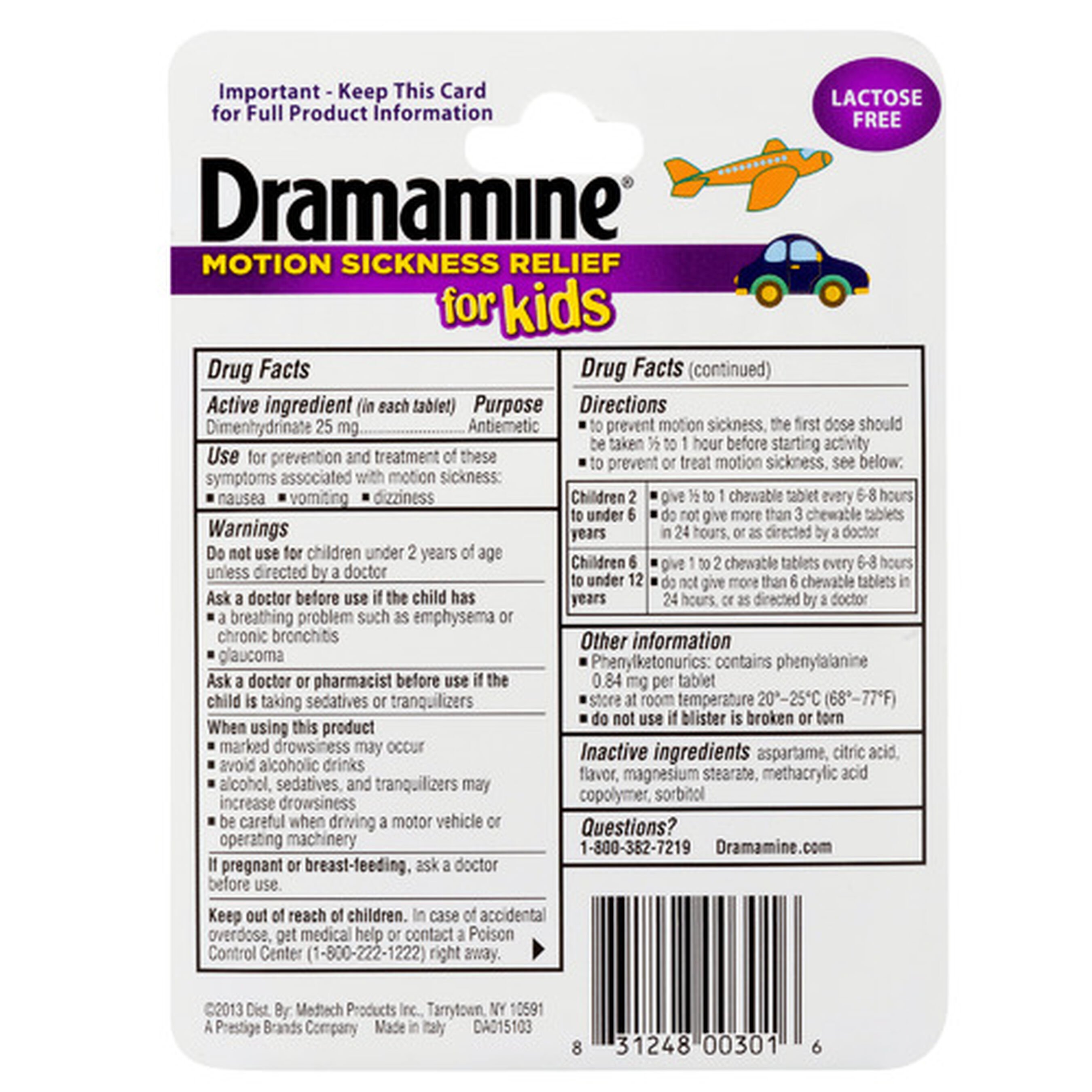 Dramamine Motion Sickness Relief for Kids, Grape Flavor, 8 ct