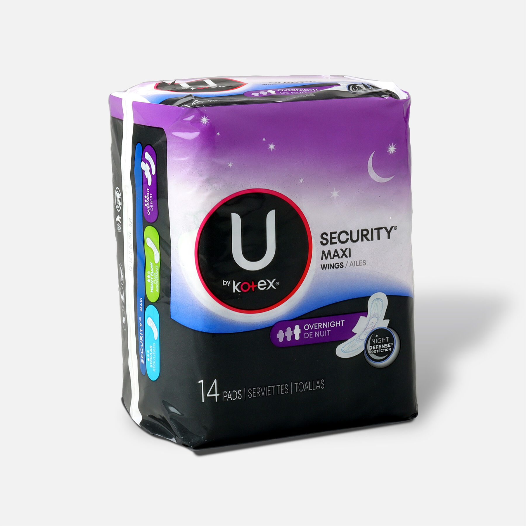 U by Kotex Security Maxi Pad with Wings, Overnight, Unscented, 14 Count