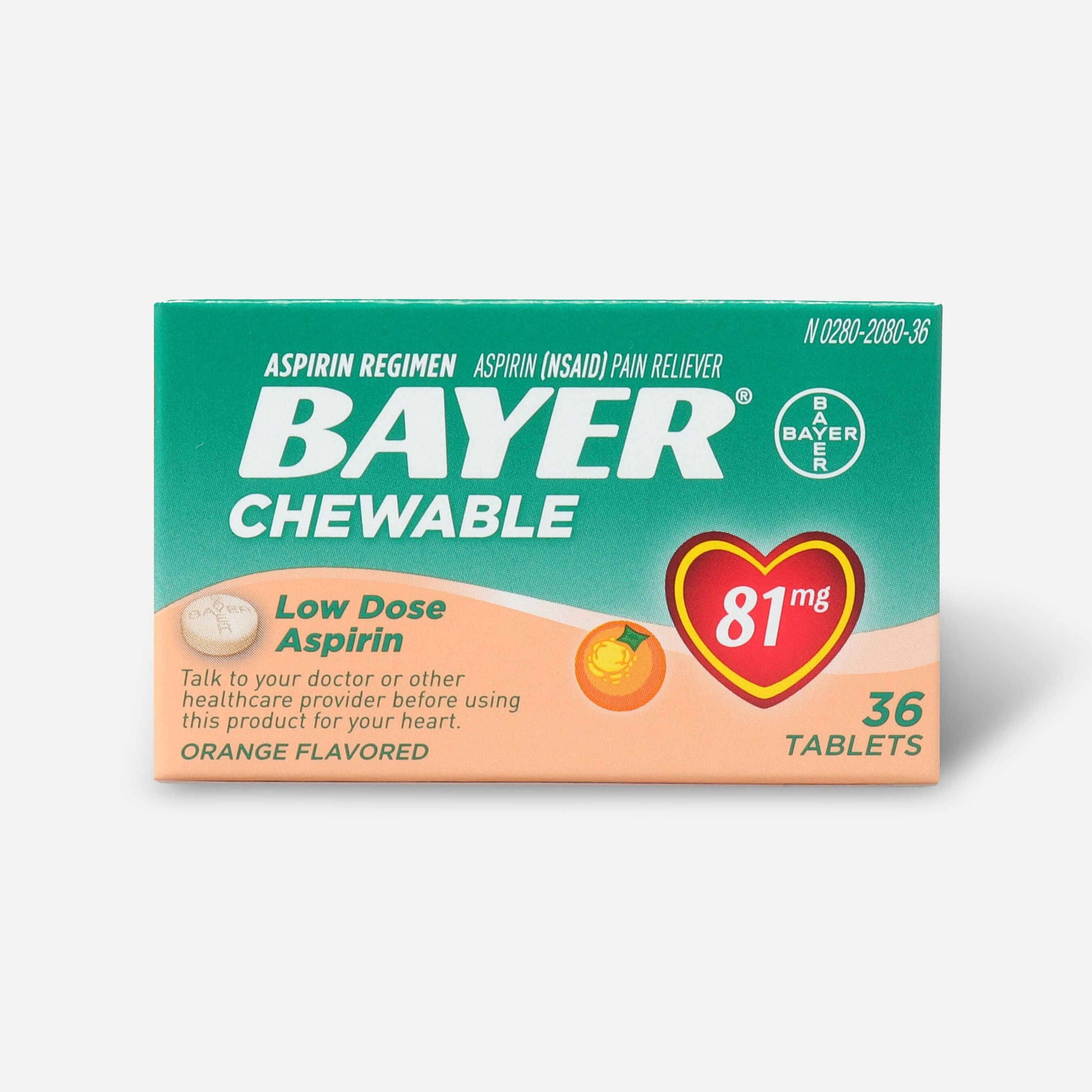 Bayer, Chewable Low Dose Aspirin, 81 mg Tablets, Orange, 36ct