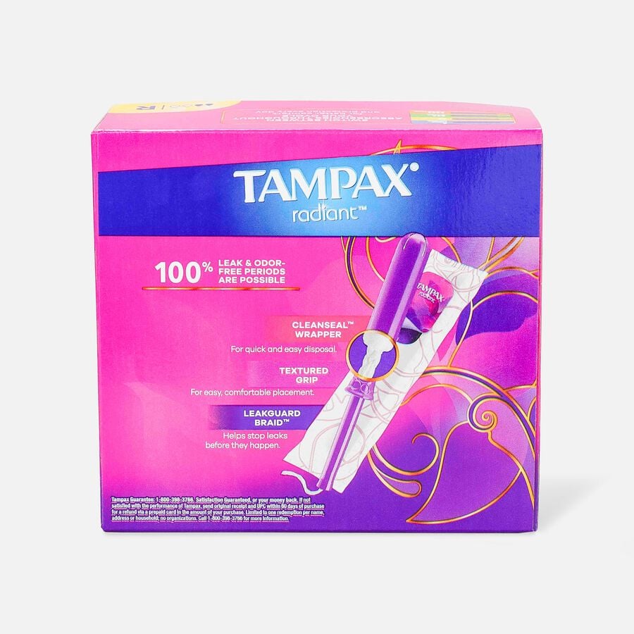 Tampax Radiant Tampons Regular Absorbency with BPA-Free Plastic Applicator and LeakGuard Braid, Unscented, 28 ct., , large image number 1