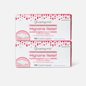 Caring Mill™ Migraine Relief Acetaminophen/Aspirin (NSAID) Caffeine Tablets Pain Reliever/Pain Reliever Aid, Coated Caplets, 100 ct.(2-Pack)