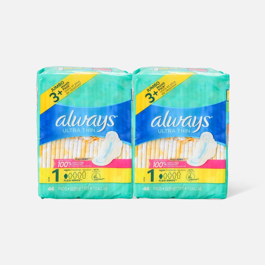 Always Ultra Thin Pads Size 1 Regular Absorbency Unscented with Wings, 46 ct. (2-Pack), , large image number 0
