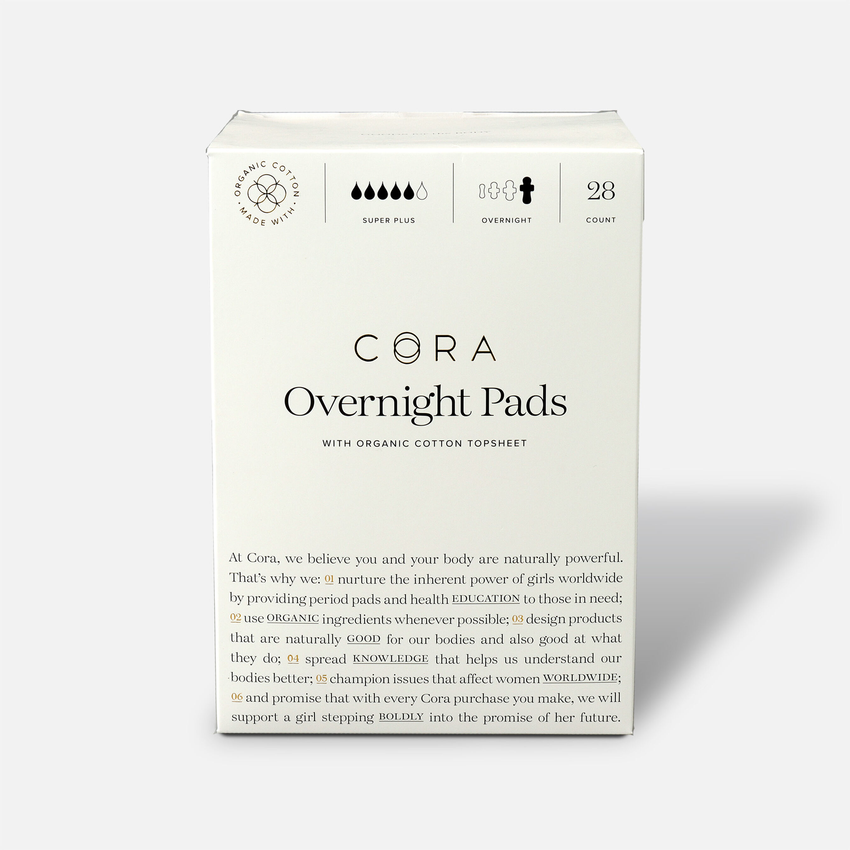 Cora Organic Cotton Ultra Thin Period Pads, Overnight, 28ct