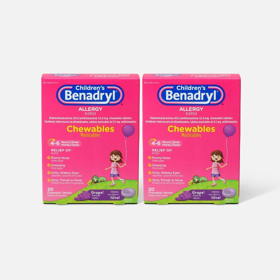 Children's Benadryl Chewable Tablets, Grape Flavored, 20 ct. (2-Pack), , large image number 0