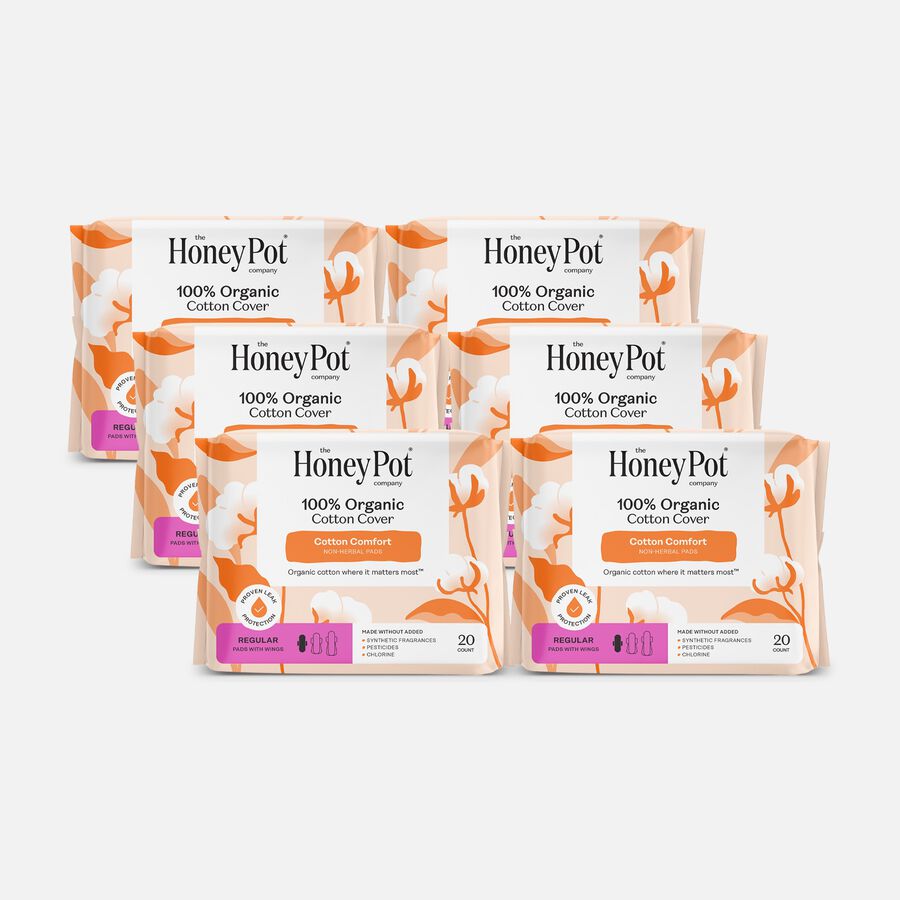 The Honey Pot 100% Organic Top Sheet Regular Non Herbal Menstrual Pads, 20 ct. (6-Pack), , large image number 0