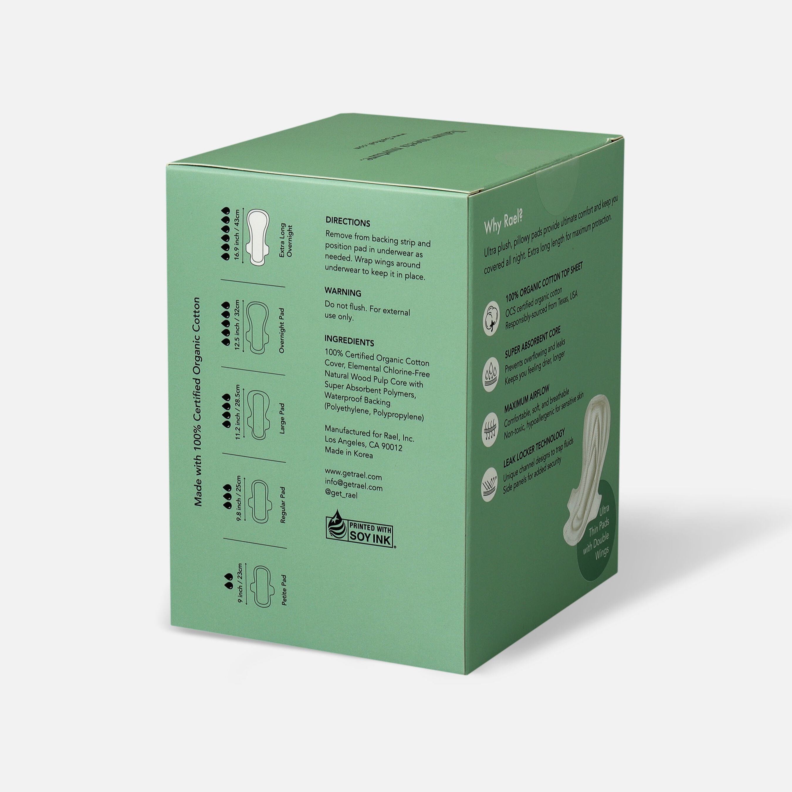 Rael Organic Cotton Cover Pads, Extra Long Overnight