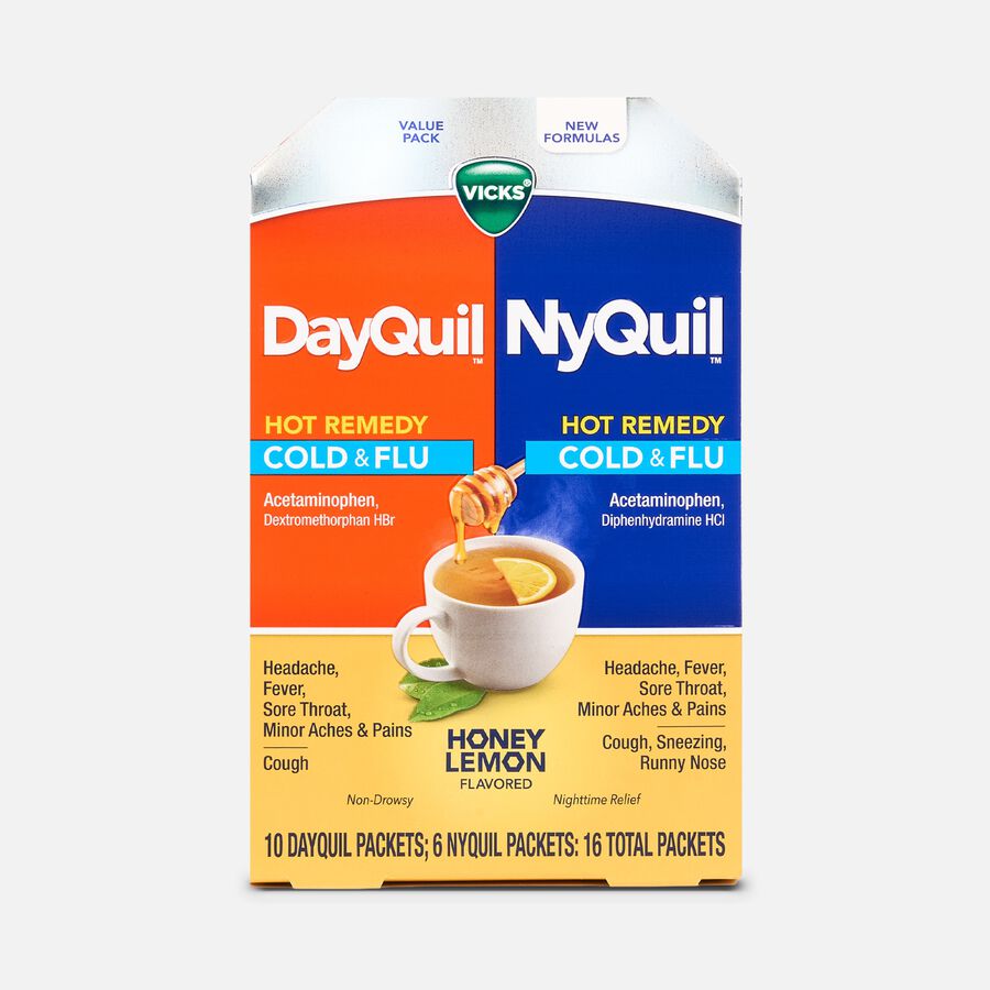 Vicks DayQuil and NyQuil Hot Remedy Cold & Flu Dissolvable Crystal Packets, Honey Lemon, 16 ct., , large image number 0