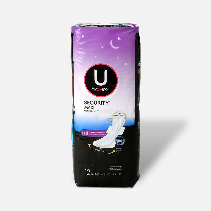 U by Kotex Security Feminine Maxi Pad with Wings, Overnight, Extra Heavy, Unscented, 12 ct., , large image number 0