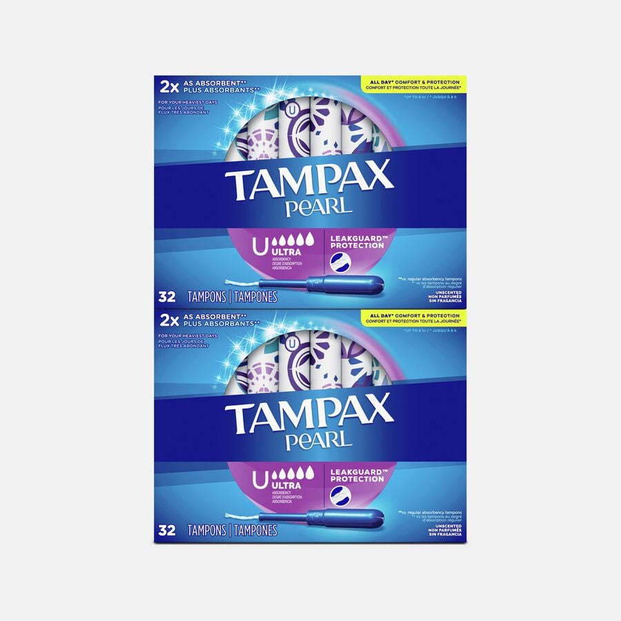 Tampax Pearl Tampons Ultra Absorbency with BPA-Free Plastic Applicator and LeakGuard Braid, Unscented, 32 ct. (2-Pack), , large image number 0