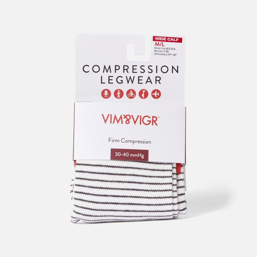 VIM & VIGR Cotton Compression Socks, Pinstripe, Cream and Black, Wide Calf, M/L, 30-40 mmHg, , large image number 1