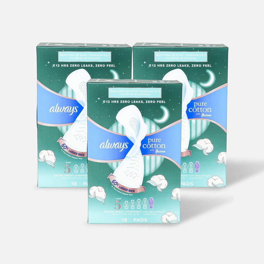 Always Pure Cotton with FlexFoam Pads for Women Size 5 Extra Heavy Overnight Absorbency, with Wings, 18 ct. (3-Pack), , large image number 0