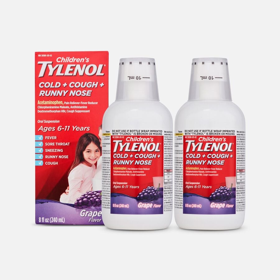 Children's Tylenol Cold + Cough + Runny Nose Relief Liquid, Grape, 8 fl oz. (2-Pack), , large image number 0