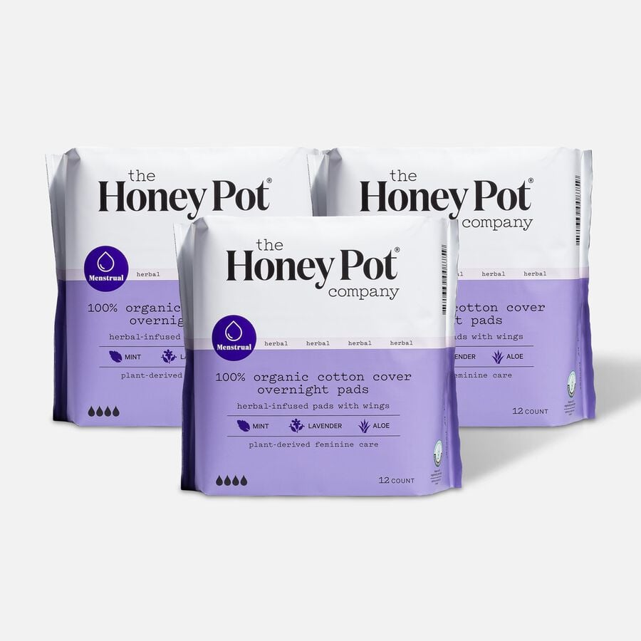 The Honey Pot 100% Organic Top Sheet Overnight Herbal Menstrual Pads with Wings, 12 ct. (3-Pack), , large image number 0