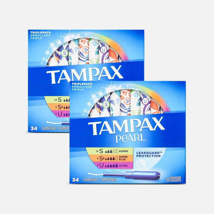 Tampax Pearl Tampons Trio Pack, Super/Super Plus/Ultra Absorbency with BPA-Free Plastic Applicator and LeakGuard Braid, Unscented, 34 ct. (2-Pack), , large image number 0