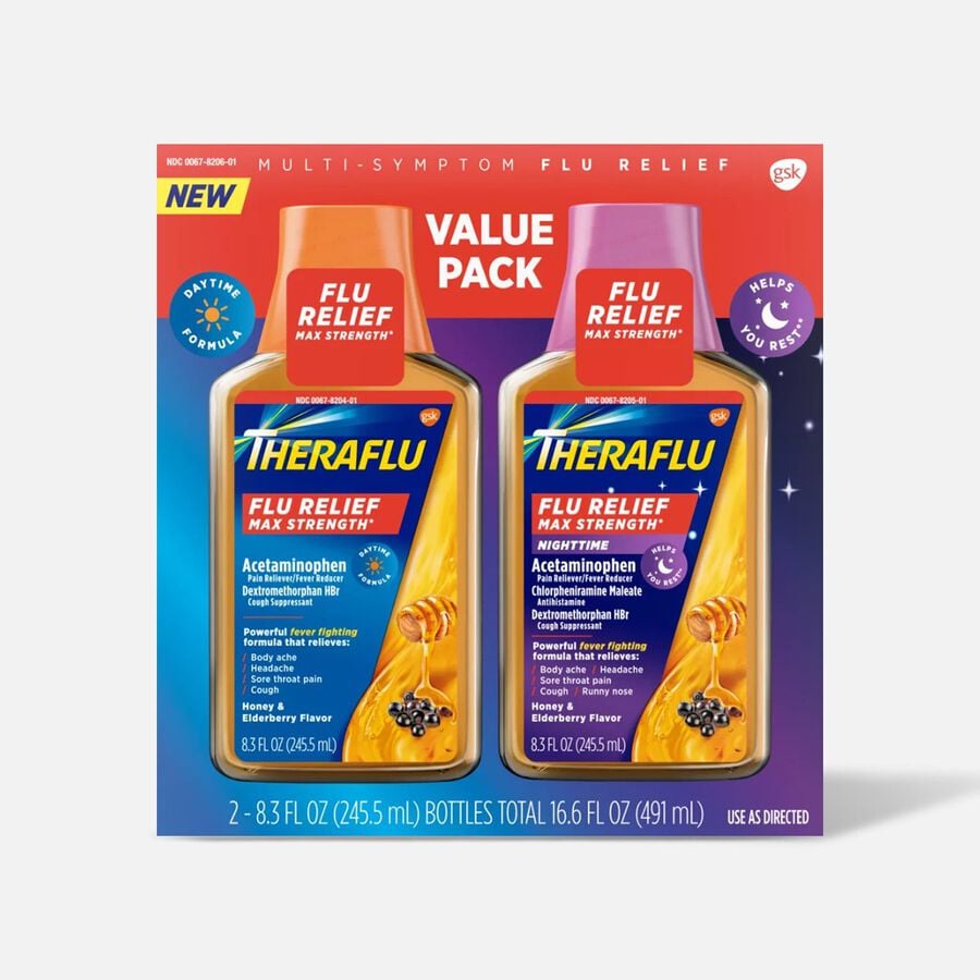 Theraflu Multi-Symptom Flu Relief Max Strength Day & Night Liquid, Honey Elderberry, 16.6 fl oz., , large image number 0