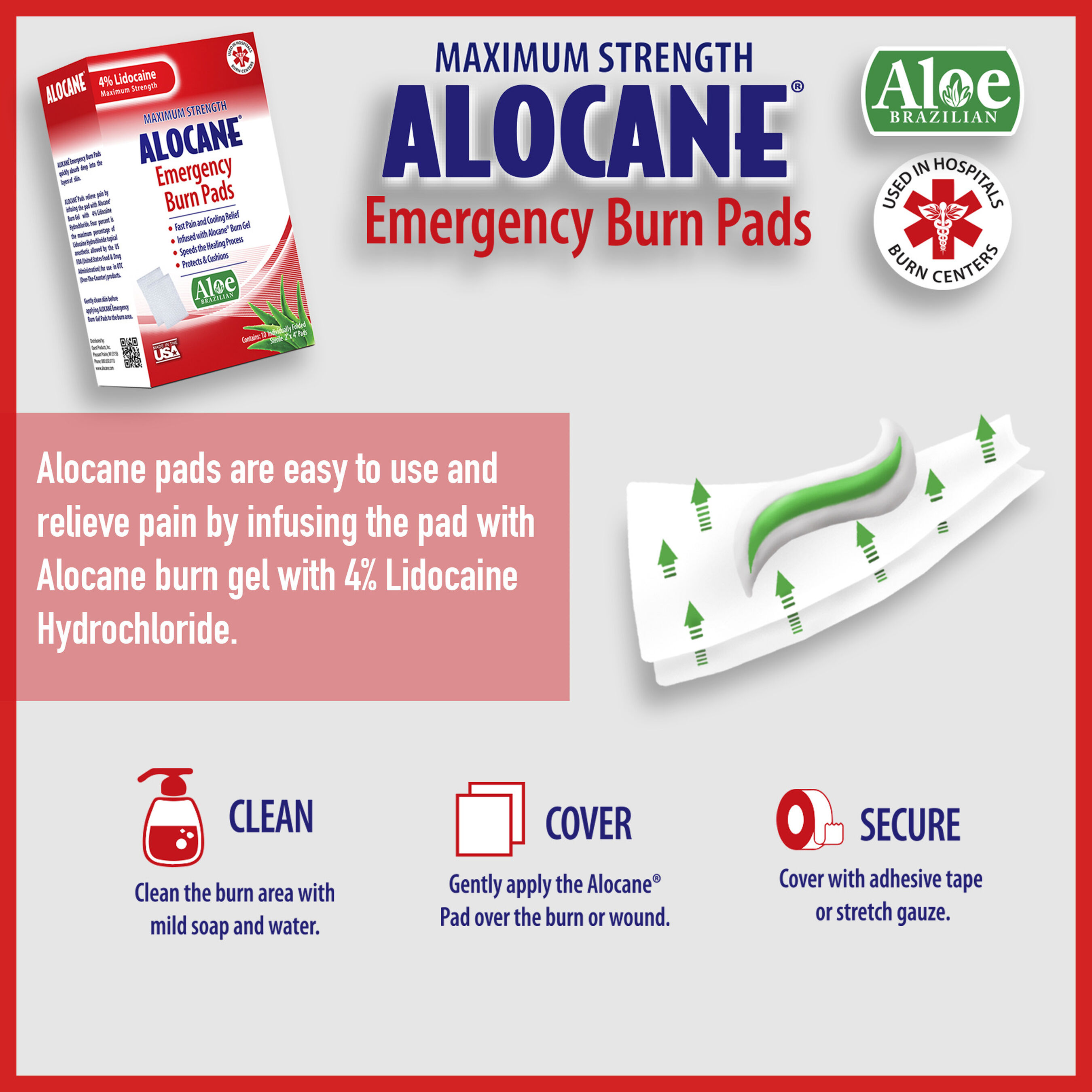 Alocane Maximum Strength Emergency Burn Pads, 10 ct